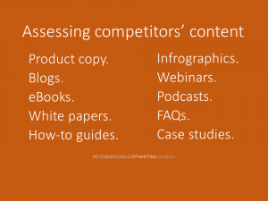 List of types of competitor content to review in a copy and content audit